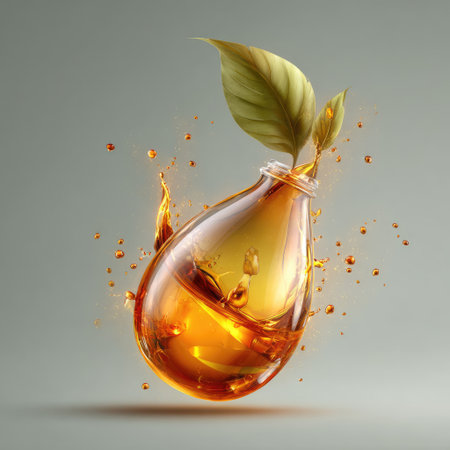 This creative image captures the essence of liquid amber with a dynamic splash and a fresh leaf, symbolizing purity and natureの素材
