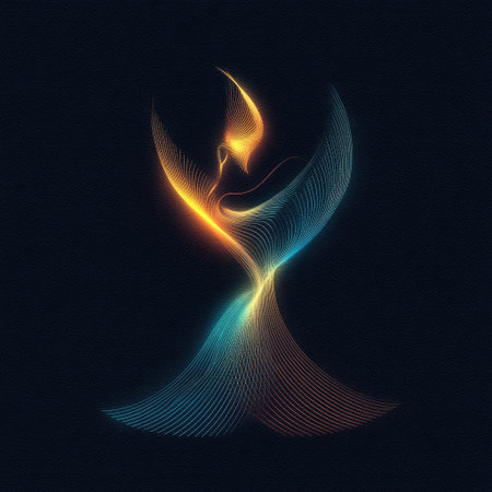 This abstract artwork features a graceful silhouette enhanced by vibrant colors and flowing lines, creating a sense of dynamic movement and energy.の素材