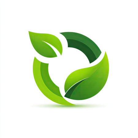 A modern design featuring a green leaf symbol within a circular shape, representing environmental sustainability and eco-friendly principles in a vibrant style.の素材
