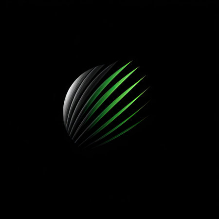 This image showcases an abstract sphere featuring dynamic green stripes set against a dark background, evoking a sense of modernity and innovation.の素材