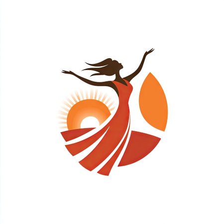 Artistic representation of a joyful woman in a flowing red dress dancing gracefully under a warm sunrise, embodying freedom and elegance in vibrant colors.の素材