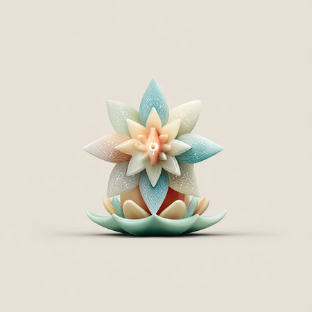 This stunning 3D render features a colorful lotus flower design in soft pastel hues, showcasing intricate layered petals on a calming neutral background.の素材