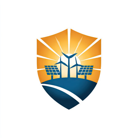 This emblem features a modern design showcasing sun, wind turbines, and solar panels, symbolizing the protection of renewable energy sources in nature.の素材