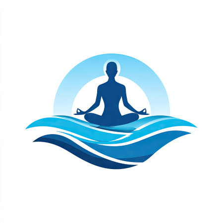 This image features a serene silhouette meditating above flowing waves, embodying tranquility and inner peace. Ideal for wellness and mindfulness themes.の素材