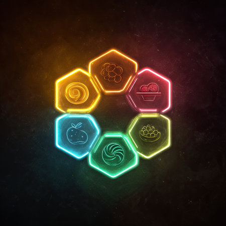 This vibrant image features neon hexagons depicting various fruits and flavors, creating an eye-catching and energetic composition suitable for food-related themes.の素材