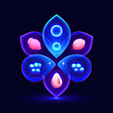 This striking abstract image features colorful shapes that resemble blossoming flowers, showcasing glowing effects and vibrant details against a dark background.の素材