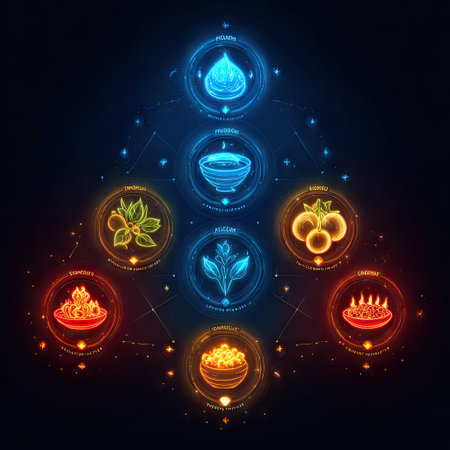 This vibrant illustration showcases a unique blend of elemental cooking, featuring fruits, vegetables, and exotic ingredients in an artistic neon style.の素材