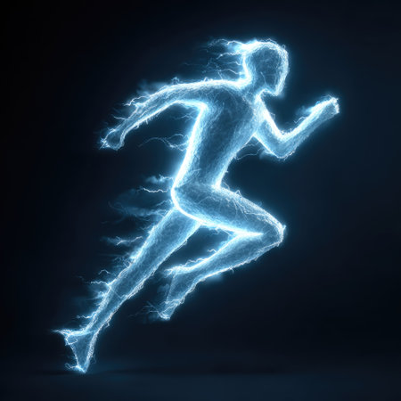 This stunning image showcases a dynamic runner captured in motion with bright electric light effects, symbolizing energy, speed, and athleticism.の素材