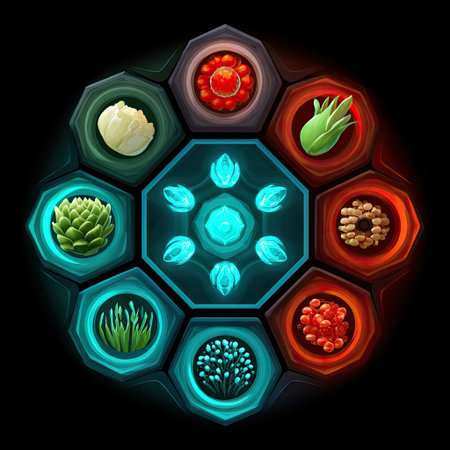 This visually striking image showcases a colorful arrangement of fresh vegetables and seeds in a circular design against a black background, symbolizing healthy eating.の素材