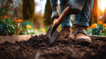 A gardener works diligently, using a spade to dig into rich soil in a home garden at sunset. The image captures the details of boots, hands, and tools, highlighting the essence of gardening.の素材