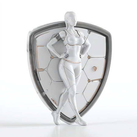 A striking 3D render of a futuristic female robot model confidently posing alongside a sleek protection shield, embodying innovation and modern technology.の素材