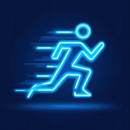 This image features a vibrant neon illustration of a running figure, symbolizing speed and fitness against a dark background, ideal for creative projects.の素材