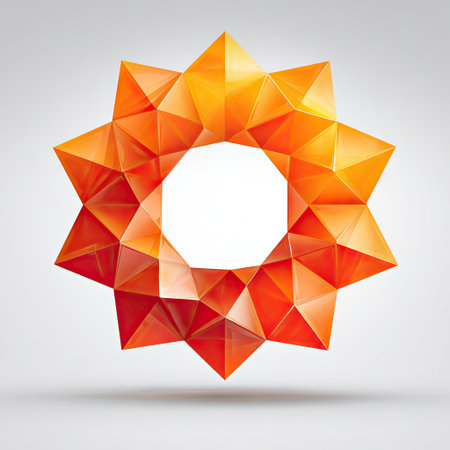 A striking abstract design featuring a geometric star shape crafted from colorful triangular facets. This artwork encapsulates modern elegance with its vibrant orange and yellow hues, making it perfect for various creative projects.の素材