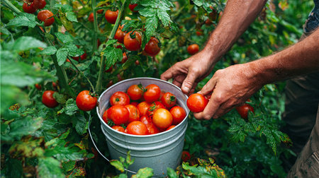 A close-up view of hands gently picking fresh ripe tomatoes from a lush organic garden. A metal bucket showcases the colorful harvest, highlighting sustainable agriculture practices.の素材