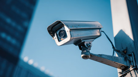 A detailed view of a surveillance camera mounted in an urban setting, capturing the essence of modern security technology under a clear blue sky.の素材
