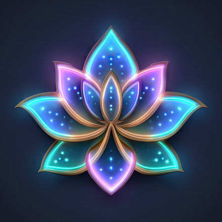 A stunning glowing lotus design featuring vibrant blue and pink light effects, set against a dark backdrop, symbolizing peace and tranquility.の素材