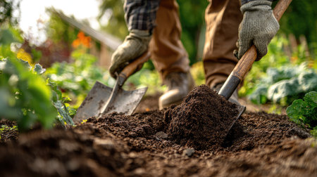 A dedicated gardener is shown digging fresh soil in a vibrant organic vegetable garden, emphasizing the connection between nature and sustainable farming efforts.の素材