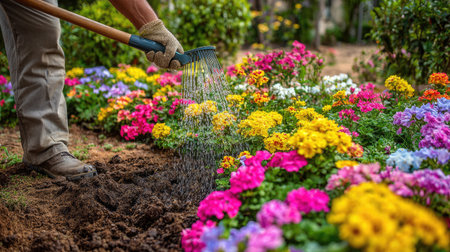 A gardener waters vibrant flowers in full bloom during spring, showcasing a colorful landscape filled with various plants and care tools.の素材