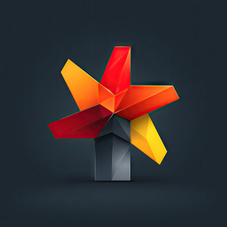 A striking abstract geometric star shape showcases vibrant hues of red, orange, and yellow, presenting a modern artistic expression against a dark background.の素材