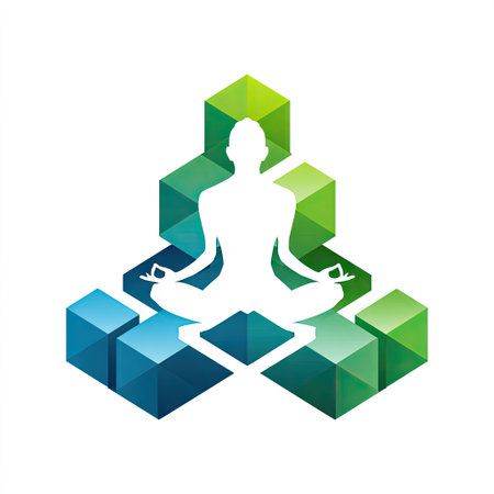 Embrace a serene moment of meditation illustrated with vibrant cubes, symbolizing balance and harmony in life, mind, and spirit. Perfect for wellness themes.の素材