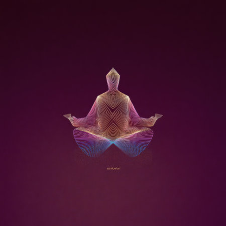 A vibrant abstract illustration features a neon figure meditating, surrounded by geometric patterns and displaying beautiful gradients. Perfect for wellness themes.の素材