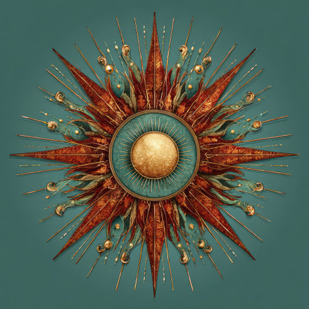 A stunning vintage sunburst design featuring a golden center surrounded by radiant spikes, set against a serene teal background for decorative appeal.の素材