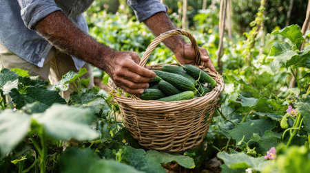A gardener harvests fresh cucumbers from a vibrant vegetable garden, showcasing the connection between nature and sustainable farming practices.の素材