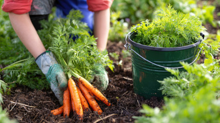 A person pulls freshly grown carrots from the rich soil, showcasing the connection between hands and nature, while a bucket awaits the harvest.の素材