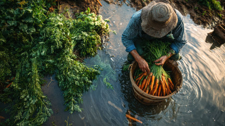 A dedicated farmer carefully harvests fresh carrots from a lush field surrounded by water, showcasing traditional agricultural practices under a beautiful sunset.の素材