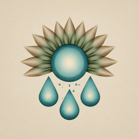This artwork showcases an abstract design featuring water droplets and a sunflower in soft tones. The texture adds depth, creating a tranquil and harmonious atmosphere.の素材
