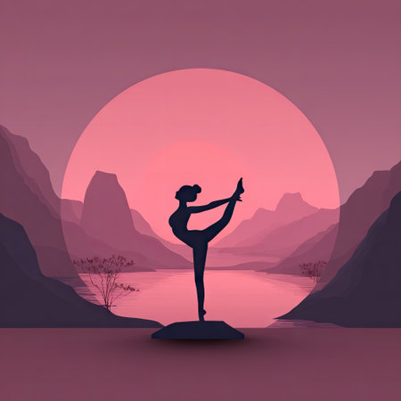 This minimalist image captures the elegant silhouette of a dancer against a serene sunset landscape, featuring mountains and gentle water reflections.の素材