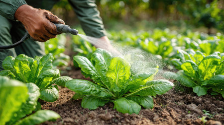 A farmer waters vibrant lettuce plants in a garden setting, showcasing the importance of sustainable practices in agriculture and healthy food production.の素材
