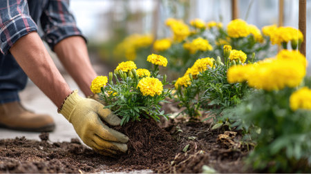 A dedicated gardener plants bright yellow marigold flowers into the soil, embodying the love for nature and gardening in a peaceful outdoor environment.の素材