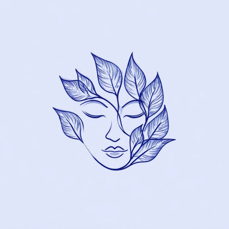 A stunning illustration features a face intricately intertwined with leaves, symbolizing the bond between beauty and nature in a minimalist style.の素材