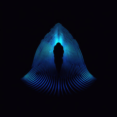 Mysterious abstract silhouette emerges from blue light patterns against a dark backdrop, evoking a sense of depth and artistic intrigue for creative projects.の素材