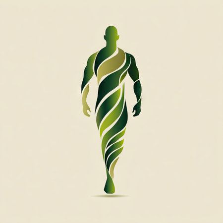 This abstract design features a silhouette of a human figure intertwined with flowing leaves, symbolizing growth and a deep connection with nature and wellness.の素材
