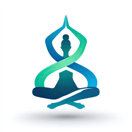 This serene meditation silhouette features flowing waves in calming green and blue tones, symbolizing tranquility and inner peace. Perfect for wellness themes.の素材