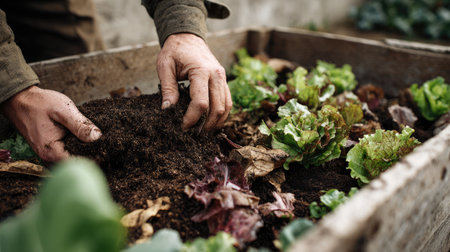 A gardener carefully works with rich soil in a wooden planter box, nurturing fresh lettuce and green leaves, showcasing the beauty of hands-on gardening.の素材