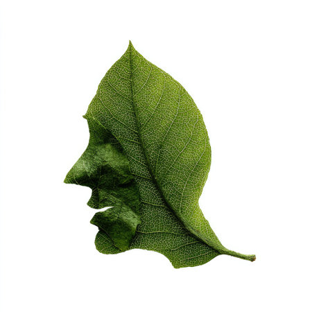 This captivating image features a leaf intricately shaped to resemble a human face outline, set against a clean white background. The details in the texture highlight the beauty of nature and provoke thoughtful imagery.の素材