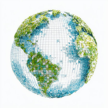 A stunning 3D globe made from colorful mosaic tiles represents Earth with vibrant land and water features, showcasing creativity and artistry.の素材