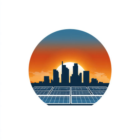 This striking image captures a vibrant urban skyline outlined against a stunning sunset, featuring solar panels that symbolize sustainable energy integration.の素材