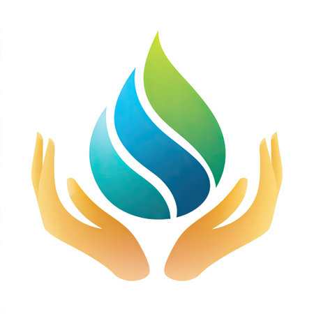 This image showcases a graceful water droplet encircled by hands, representing a commitment to environmental care and sustainability.の素材