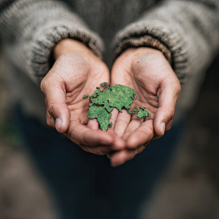 A pair of hands gently holds a small green world map, symbolizing care for the planet. The textured sweater adds warmth, while nature surrounds the scene, emphasizing sustainability.の素材