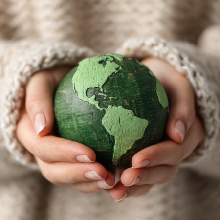 A pair of hands gently cradling a green globe model symbolizes care for the planet. This image represents environmental awareness and global responsibility.の素材