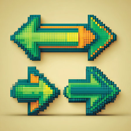 This image features colorful pixelated arrows in various directions, perfect for creative design projects. Use them for digital art, signage, and modern illustrations.の素材
