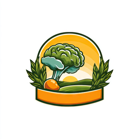 This vibrant logo design showcases a fresh broccoli and orange, surrounded by lush greenery against a scenic landscape backdrop, representing healthy eating.の素材
