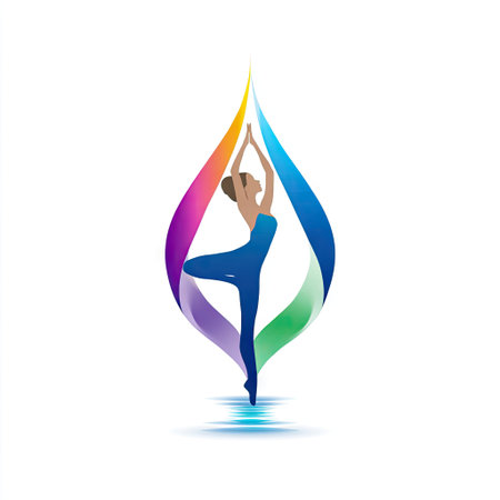 This vibrant image features an elegant woman in a yoga pose, surrounded by colorful abstract shapes. The reflection in water adds tranquility and depth, embodying wellness and balance. Perfect for wellness, fitness, or artistic projects.の素材