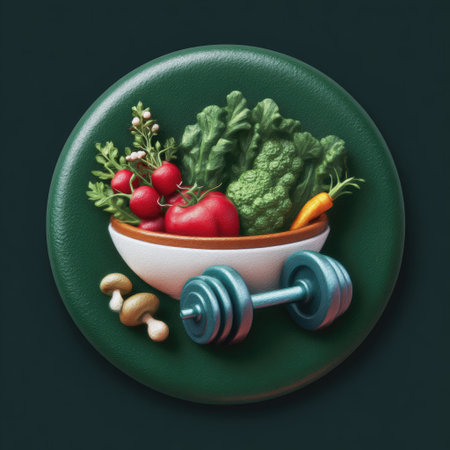 A vibrant arrangement featuring fresh vegetables in a bowl paired with a dumbbell, symbolizing the connection between fitness and nutrition for a healthy lifestyle.の素材