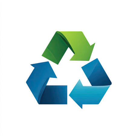 Vibrant recycle symbol featuring curved arrows in green and blue colors, representing environmental awareness and sustainability in modern design.の素材