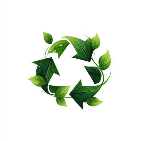 This vibrant illustration features a recycle symbol intertwined with fresh green leaves, representing eco-friendly practices and a commitment to sustainability and conservation.の素材